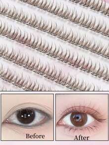 120pcs C-Curl Flared False Eyelashes, Segmented Built-In Adhesive Strip, Brown Realistic Lashes, Suitable For Beginners, Daily Wear, With Adhesive Strip, Can Extend Lashes - C - View 4
