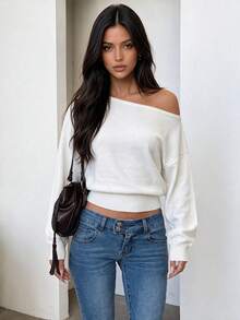 GLAMSKIN Women Off Shoulder Knit Sweater,Long Sleeve Loose Slash Neck Pullover, Casual Solid Color Ribbed Cuff Knitted Top For Fall Winter - White - View 10