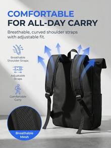 NEWHEY Men's Roll Top Backpack, Water Resistant Laptop Backpack, Large Capacity Casual Daypack For Business Commute Travel School - Black - View 3