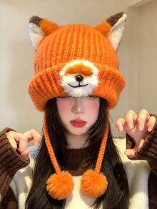 1pc Women's Fox Ear Plush Knit Hat, Autumn/Winter Style, Face-Slimming, Warm And Versatile Knitted Wool Hat - Multicolor - View 4