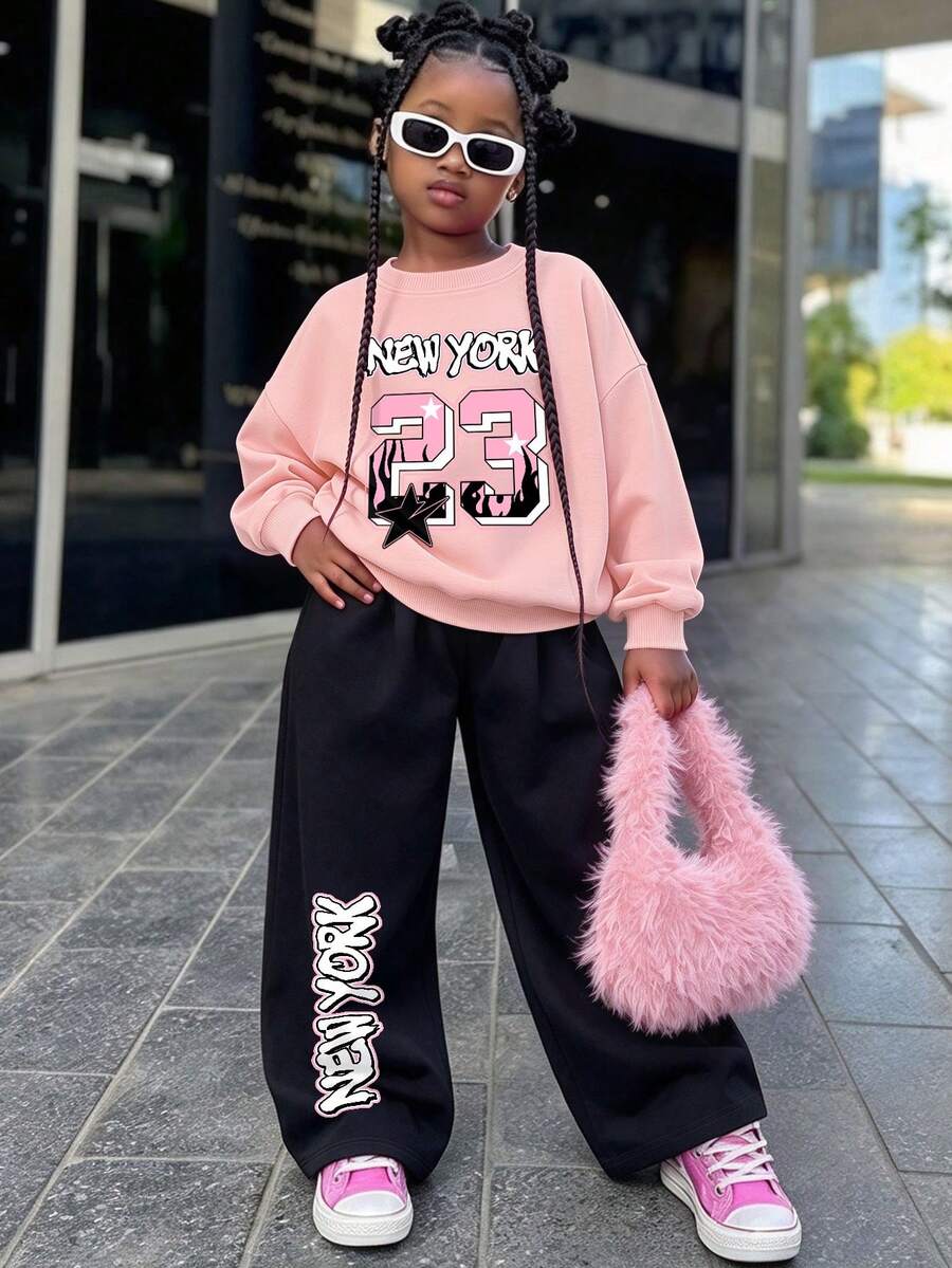 2 Pieces Set, Girls New York 23 Graphic Sweatshirt And Wide Leg Pants, Long Sleeve Casual Streetwear Outfit For School, Spring And Fall - Pink - View 1