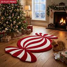 1pc Christmas Red & White Candy Shaped Carpet, Faux Cashmere Bathroom Rug, Area Rug, Entryway Living Room Bedroom Holiday Decor, Washable Non-Slip Floor Mat, Winter Christmas Gift - Multicolor - View 1