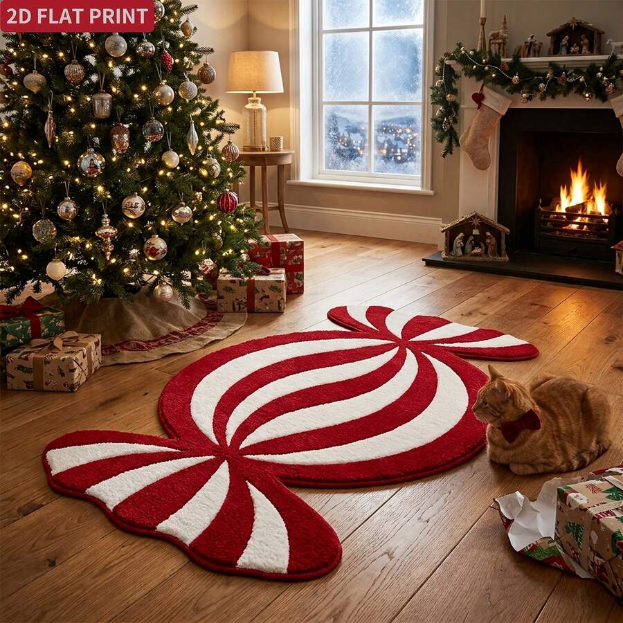 1pc Christmas Red & White Candy Shaped Carpet, Faux Cashmere Bathroom Rug, Area Rug, Entryway Living Room Bedroom Holiday Decor, Washable Non-Slip Floor Mat, Winter Christmas Gift - Multicolor - View 1