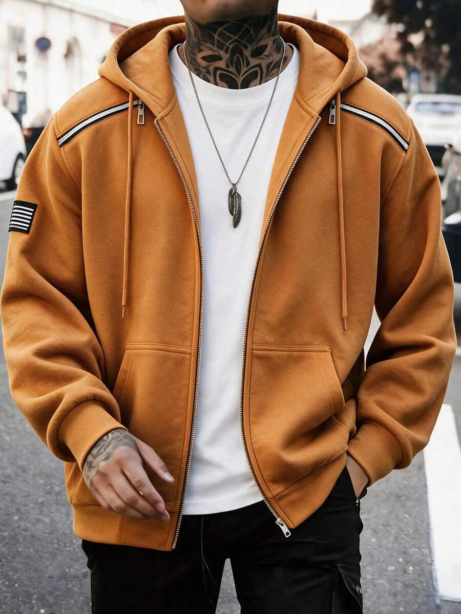 GOLDREDY Men's Casual Fashion Solid Color Hooded Contrast Zipper Commuter Versatile Unique Casual Minimalist Open Front Sweatshirt Jacket - Yellow - View 1
