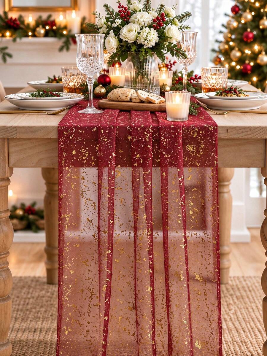 White Silver Gauze Table Runner 120 Inch 10FT, Glitter Metallic Foil Sheer Dining Holiday Wedding Anniversary Birthday Table Decor For Home Party - Red - View 1