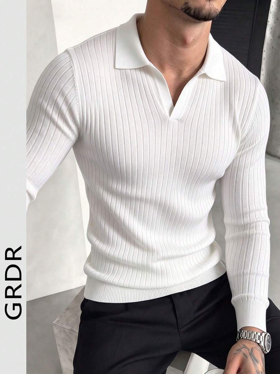 GRDR Men's Autumn/Winter Knit Sweater, Turn-Down Collar Solid Color Long Sleeve, Suitable For Summer Outings, Fashion Essential