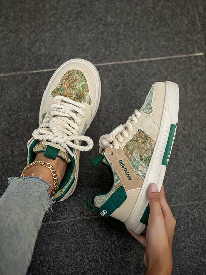 Thick Sole Canvas Shoes With Coarse Rope Shoelaces And Vintage Jacquard ...