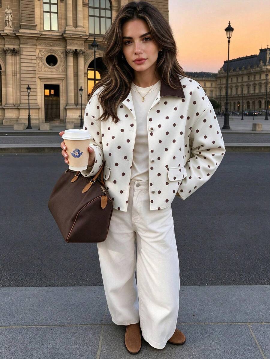 Polka Dot Patchwork Dark Brown Collar Short Jacket, Soft Commute Loose Drop Shoulder Long Sleeve Top, Autumn Outfit - Multicolor - View 1