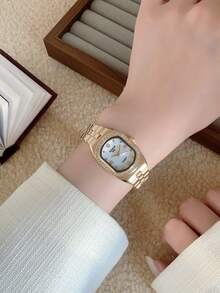 Women's Gold Oval Quartz Watch, Light Luxury Pearl Dial With Crystal Bezel & Link Bracelet - White - View 2
