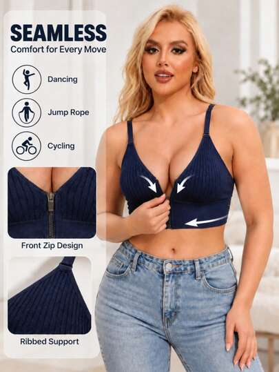Oillpretty 1pc Women's Navy Blue Ribbed Front Zip Sports Bra, Adjustable Straps Wire-Free Push-Up Padded Bra, High Elasticity Comfortable Bra, Suitable For Daily Wear, Yoga Training, Home Leisure, Back To School Season, Autumn Casual Wear