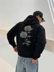 DAZY Men's Casual Versatile Rose Print Kangaroo Pocket Drawstring Hoodie, Autumn/Winter - Black - View 6