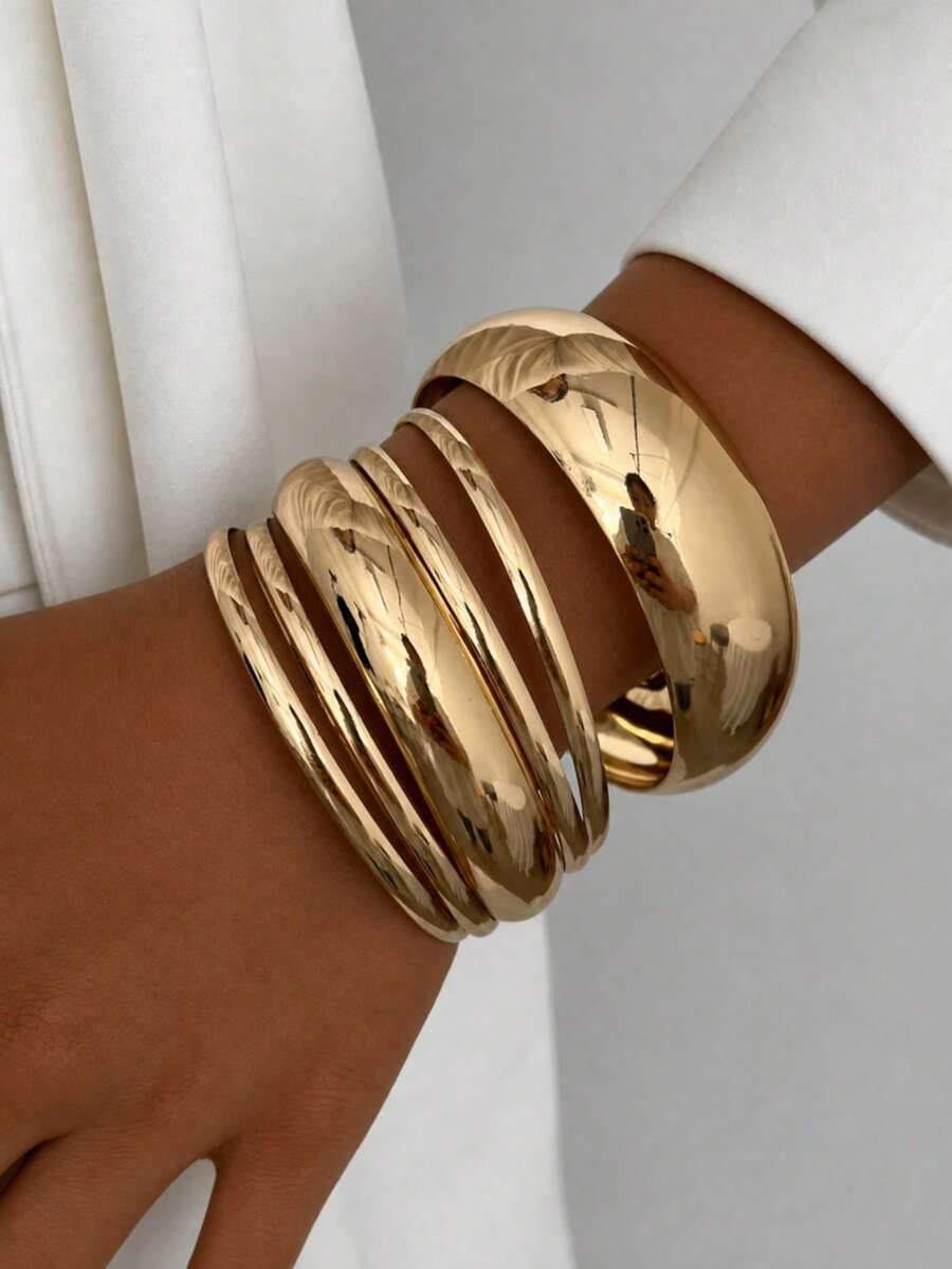 6pcs Minimalist Luxury Gold Stackable Open Bangle Bracelet Set, Exaggerated Design, Versatile Jewelry Gift For Women, Party, - Gold - View 1