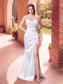Faeriesty Elegant White Strapless Pleated Satin Mermaid Maxi Dress With High Slit, Suitable For Parties, Galas, Weddings Spring - White - View 1