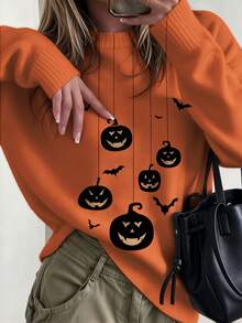 ASHKATIA Women's Plus Size Halloween Sweater, Crew Neck Pullover Long Sleeve - Multicolor - View 1