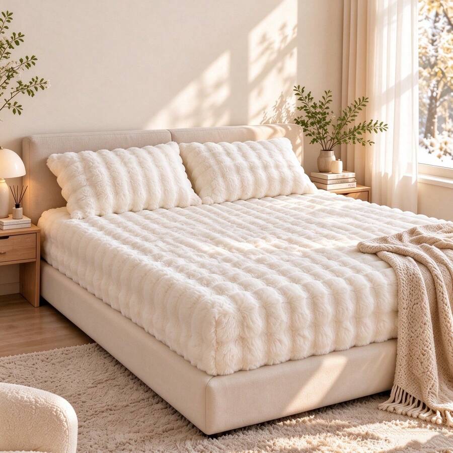 3-Piece Plush Long Pile Bed Sheet Set - Plush Bed Sheet With Faux Fur ...