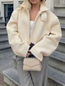 Women's Solid Color Plush Zip-Up Jacket, Fuzzy Fleece Coat For Autumn/Winter, Office, Daily Wear, Airport Outfit - Off White - View 5