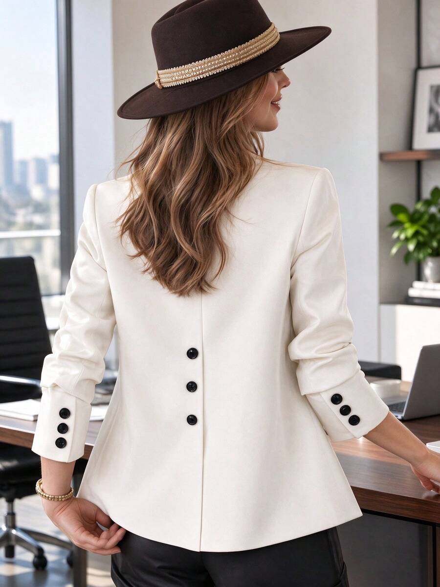 HOMEYEE Vintage Elegant Casual Blazer Jacket With Lapel Collar, Long Sleeve, Pockets, Back Slit, Suitable For Business, Plus Size Spring Fall - Apricot - View 1