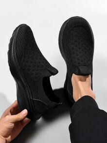 Men's Breathable Hollow Knit Sock Shoes, Lightweight Shock Absorbing Thick Bottom Slip On Walking Sneakers For Daily Commute - Black - View 3