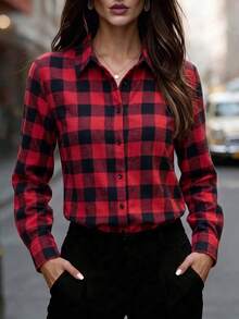 Women's Red Black Plaid Collared Long Sleeve Button Front Shirt Casual Home Office Work Daily Vintage Top Spring Summer Fall Winter - Red and Black - View 9