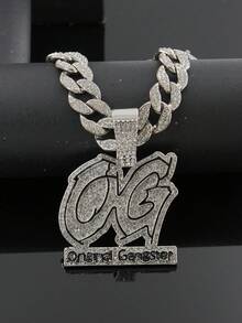 Full Rhinestone OG Letter Pendant Necklace, Iced Out Cuban Chain, Men's Hip Hop Shiny Personalized Jewelry, Nightclub Party Accessory - Original - View 6