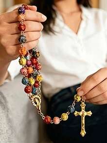 1pc Gorgeous Colorful Catholic Rose 8MM Rosary Beads, Decorated With Rose Beads, With Cross Pendant. Bohemian Style Handmade, Suitable For Prayer And Wearing In Various Daily Gatherings - Colorful - View 1