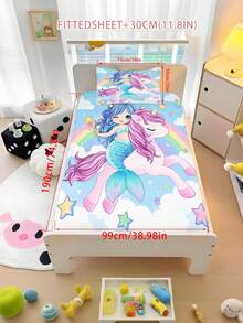 2/3PCS Cartoon Mermaid Unicorn Fitted Sheet Animal Print Bedding Set For All Seasons Twin/Full/Queen 100% Polyester Machine Washable - Multicolor - View 11