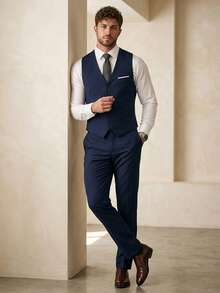 DAZY Men's 3 PiecesSuit Set, Elegant Solid Color Slim Fit Gentleman Vest, Pants And Tie Set, Business Commute, Wedding, Party, Ball - Navy Blue - View 3