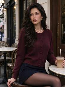 Aflion Women's Fall Winter Purple Crew Neck Button Front Short Cardigan Knit Sweater For Campus, Date And Christmas - Purple - View 8