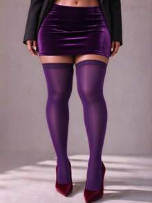 1 Pair Plus Size Solid Purple Semi-Sheer Knee-High Socks, Wide Cuff Long Socks For Party Outfit - Multicolor - View 1