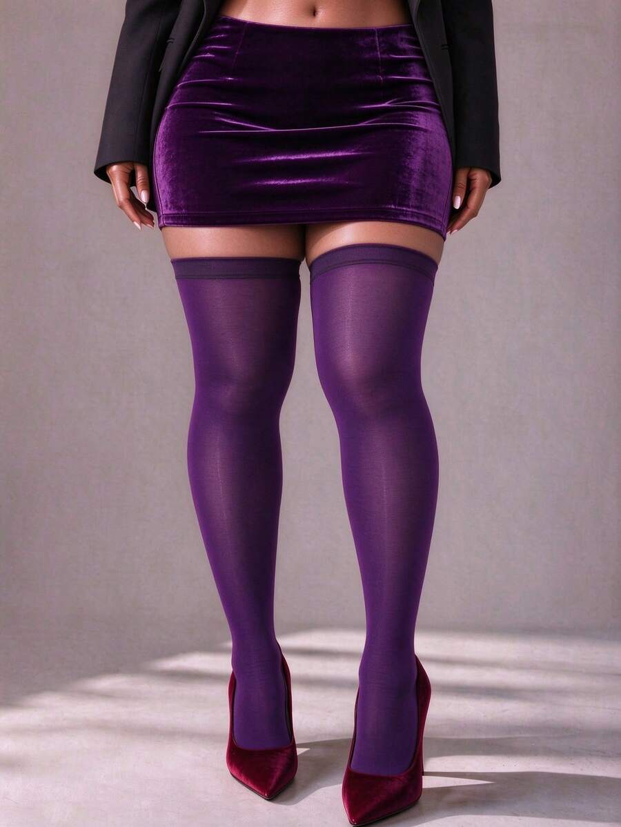 1 Pair Plus Size Solid Purple Semi-Sheer Knee-High Socks, Wide Cuff Long Socks For Party Outfit - Multicolor - View 1