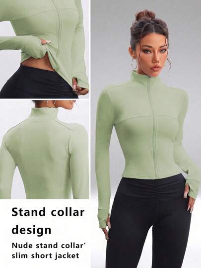 FWH #Eye-Catching# Slim Waist, All-Season Versatile Style, Waist-Sculpting Slimming Fitness Retro High-End Street Elegant Sports, Running Fitness Outdoor Running Commuting Dating, With Thumb Holes Small Stand Collar With Zipper, Elastic Minimalist Fashion Sexy Slim Fit Shaped, Women's Long Sleeve Yoga Jacket