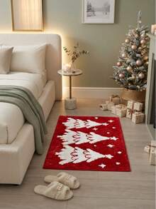 1pc Red Christmas Tree Rug, Faux Cashmere Carpet, Christmas, Home Decor, Room Decor, Christmas Home Decor, Autumn Home Decor, Home Supplies, Doormat, Living Room Rug, Kitchen Mat, Kitchen Decor, Bedroom Decor, Bathroom Decor, Bathroom Mat, Easy To Clean - Multicolor - View 3