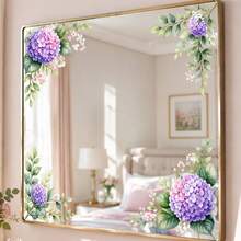 1pc 2D Watercolor Purple Pink Hydrangea Corner Mirror Decorative Sticker, Fresh Green Leaf Floral Diagonal Decal, Waterproof Self-Adhesive Bathroom Mirror Wall Sticker - one-size - View 6