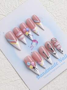 10PCS-Handmade Press On Nails, Stiletto Shape, Fall Nails,Nail Art,Y2K Style, Reusable, White, Paired With French Style, 3D Design, Suitable For Birthday,Autumn,Winter,Daily Wear, Parties, Vacations, And Also The Best Holiday Gift For Women. - White - View 2