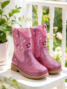 Girls Hot Pink Glitter Western Cowboy Boots, Floral Embroidered Booties With Side Zipper, Retro Chunky Heel For Fall & Party - Pink - View 1
