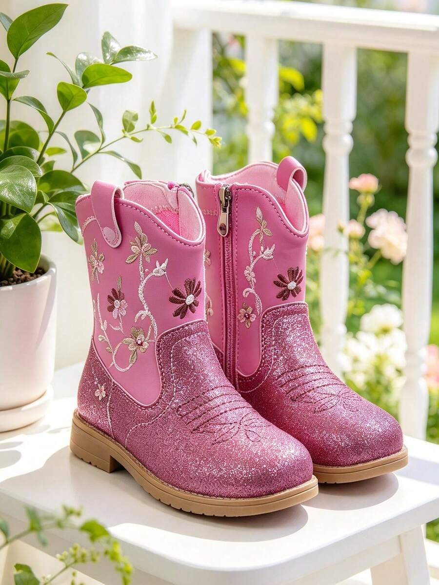 Girls Hot Pink Glitter Western Cowboy Boots, Floral Embroidered Booties With Side Zipper, Retro Chunky Heel For Fall & Party - Pink - View 1