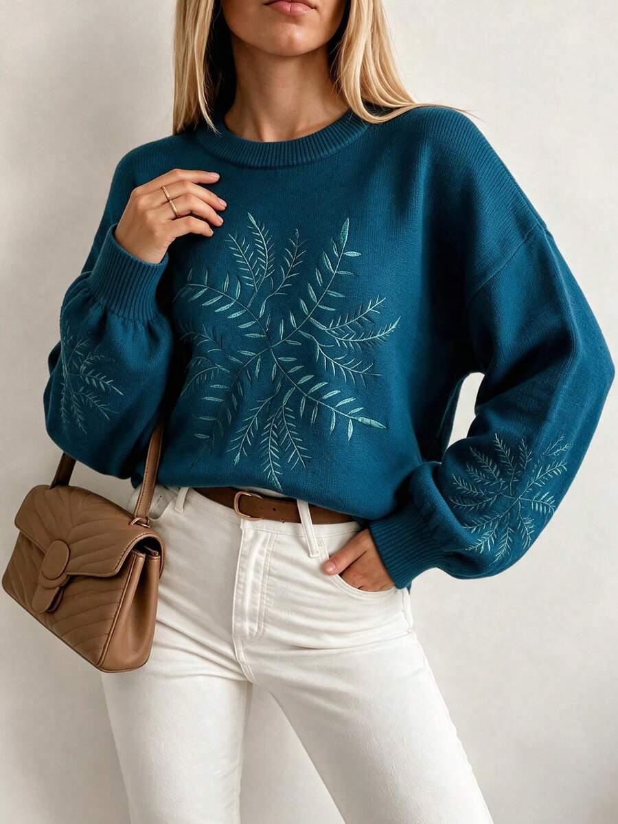Rusttydustty Women's Autumn/Winter Solid Color Loose Round Neck Sweater, Plant Embroidery Design Drop Shoulder Long Sleeve Top - Teal Blue - View 1