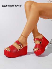 Women's Red Open Toe Fashion Outdoor Metal Decor Platform Thick Sole Versatile Comfortable Wedge Sandals - Red - View 3