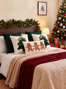 1pc Christmas Gingerbread Man & Candy Cane Waist Pillow Case, Cream Color Rectangular Decorative Cushion Cover With Textured Brown Pattern And Red Bow Detail, Suitable For Sofa, Bedroom And Winter Holiday Home Decor, Pillow Insert Not Included - Gingerbread Man - View 5