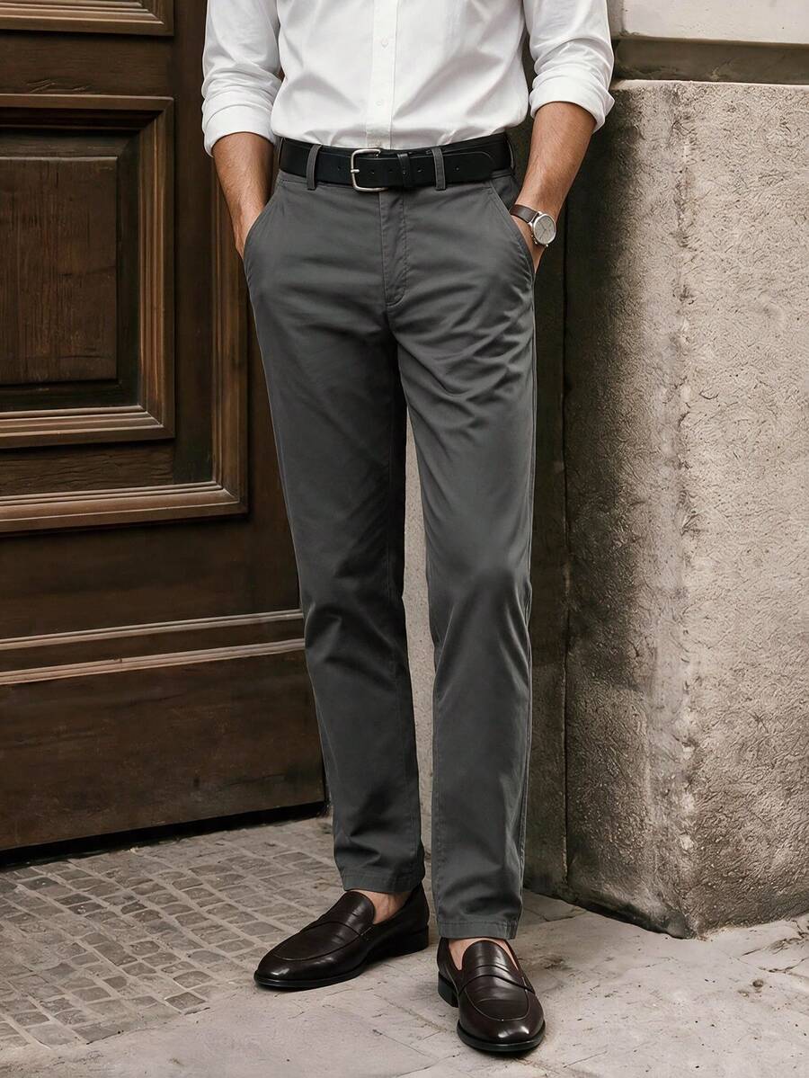 Men's Autumn Suit Pants, Fashionable Casual Straight Leg Trousers, Loose Minimalist Style, Solid Color Wrinkle-Resistant Straight Leg Pants - Grey - View 1