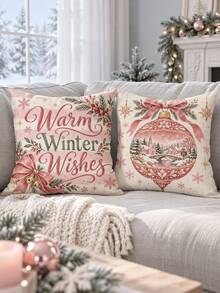 shangxia 4PCS--Pink Crystal Ball Christmas Print Pillow Covers, Bow Bell Small Town Snow Scene Text Sofa Cushion Covers---(Pillow Insert Not Included) - Pink - View 7