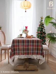 Christmas Plaid Ruffle Edge Tablecloth, Vintage Scottish Tartan White Ruffle Edge Tablecloth, Christmas Dinner Party Holiday Decoration Tablecloth, Farmhouse Style Home Kitchen Dining Room Table Decor - Brown - View 5