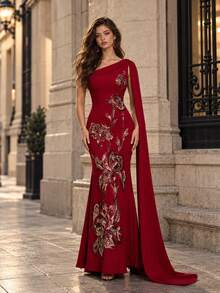 VIPGIRL Red One-Shoulder Fishbone Evening Gown With Side Bow, Intricate Floral Sequin Waist-Defining Mermaid Formal Maxi Dress - Red - View 1