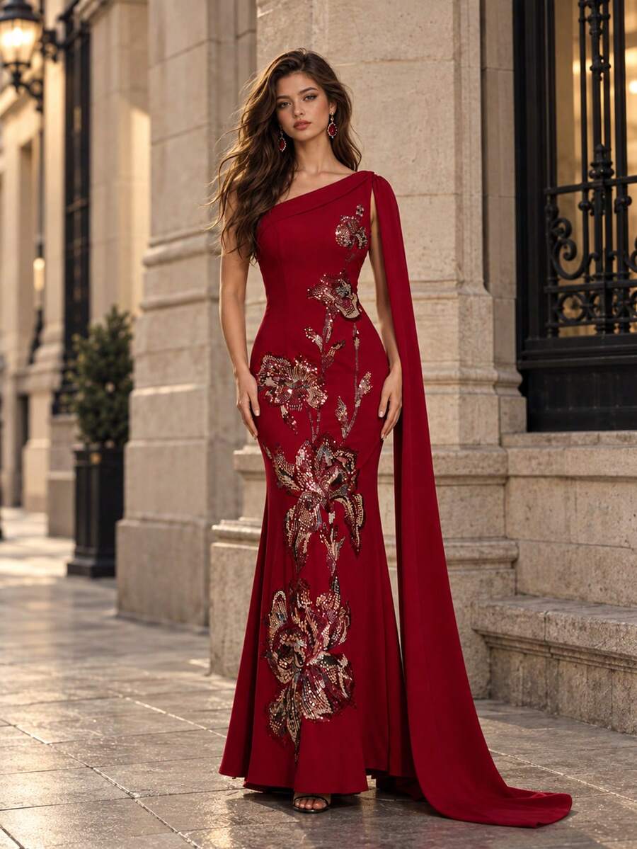 VIPGIRL Red One-Shoulder Fishbone Evening Gown With Side Bow, Intricate Floral Sequin Waist-Defining Mermaid Formal Maxi Dress - Red - View 1