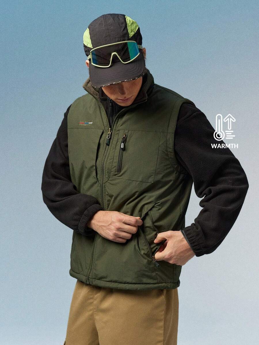 Caldwick Men's Sleeveless Padded Vest With Stand Collar, Casual Outdoor Fishing Fleece Reversible Vest With Multiple Pockets For Winter Sports - Army Green - View 1
