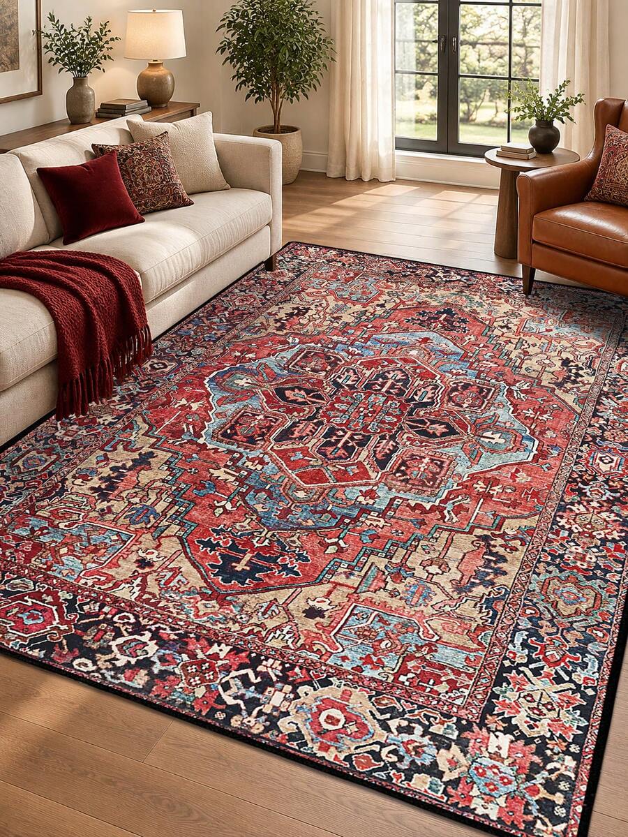 1pc Vintage Persian Rug, Bohemian Floral Medallion Pattern Carpet, Distressed Oriental Rug, Soft Polyester Rectangular Rug, Suitable For Living Room, Bedroom, Hallway, Kitchen, Office, Farmhouse Home Decor