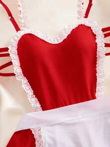 Women Red Maid Sexy Lingerie Costume Set Back Hollow Out Cami Dress+Choker+Apron Soft Sleepwear Slip Cute Cosplay Pajamas Romantic Honeymoon Halloween - Red - View 6
