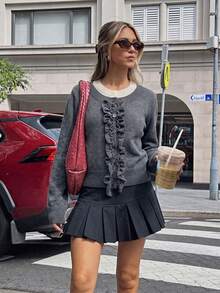 Áo len cardigan 2 trong 1 nữ phong cách Hàn Quốc, cổ tròn, dệt vặn thừng, thiết kế vạt cài, mẫu mới thu đông 2025 - Màu xám đen - Xem 1