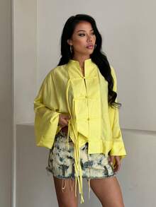Women Chinese Frog Button Sheer Blouse, Long Sleeve Tie Front Loose Yellow Shirt, Casual Stand Collar See Through Top - Yellow - View 5