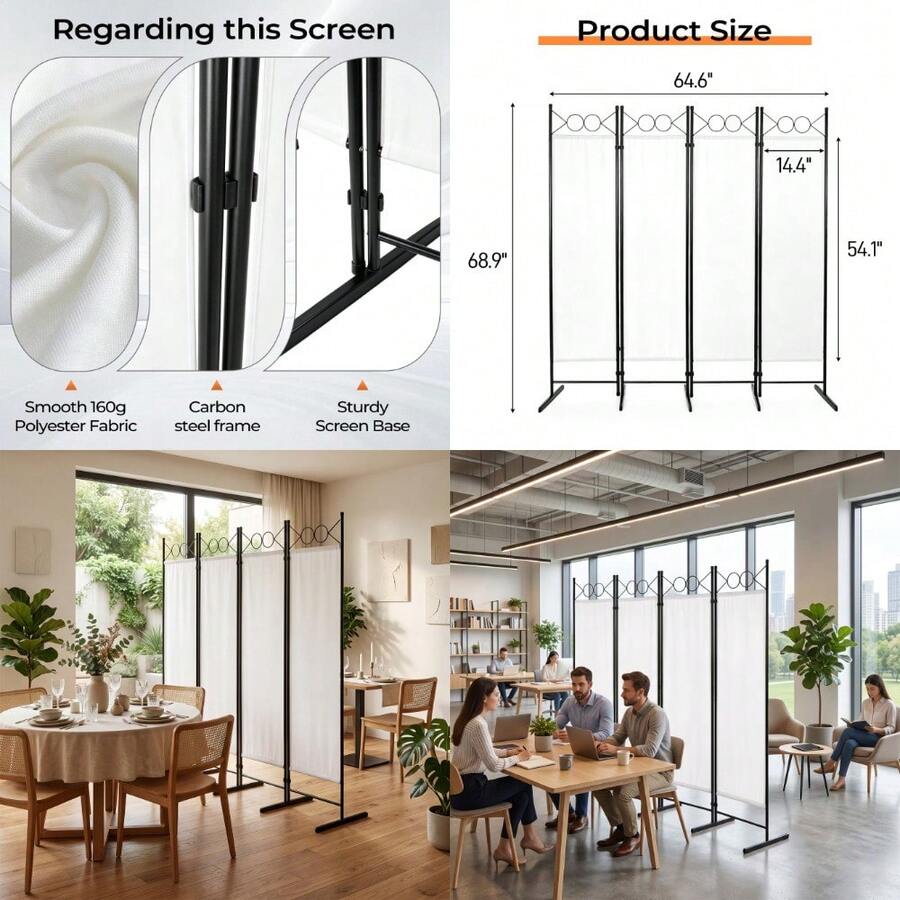 4-Fold Foldable Screen Plastic Feet 160g Polyester Fabric Carbon Steel Frame 6FT Off-White - Multicolor - View 1